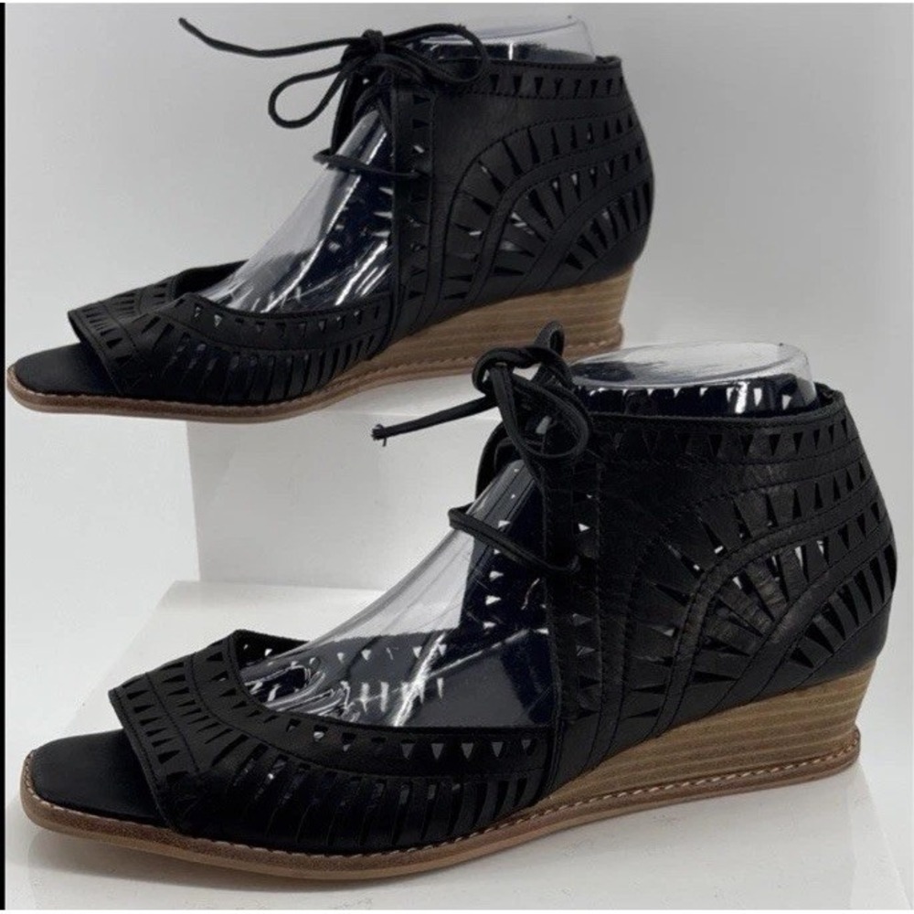 Jeffery Campbell Boho Black Laser Cut Lace Up Wedge Peep Toe Flats Women 10